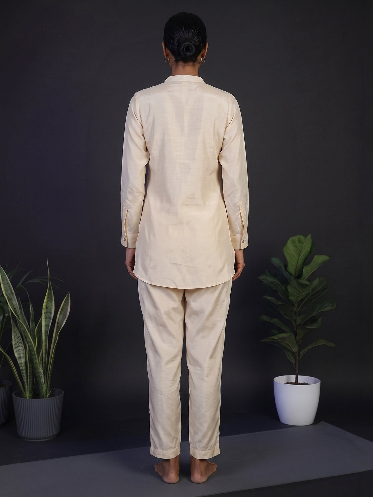 Cream crepe silk embellished pant co ord set with pearl detailing