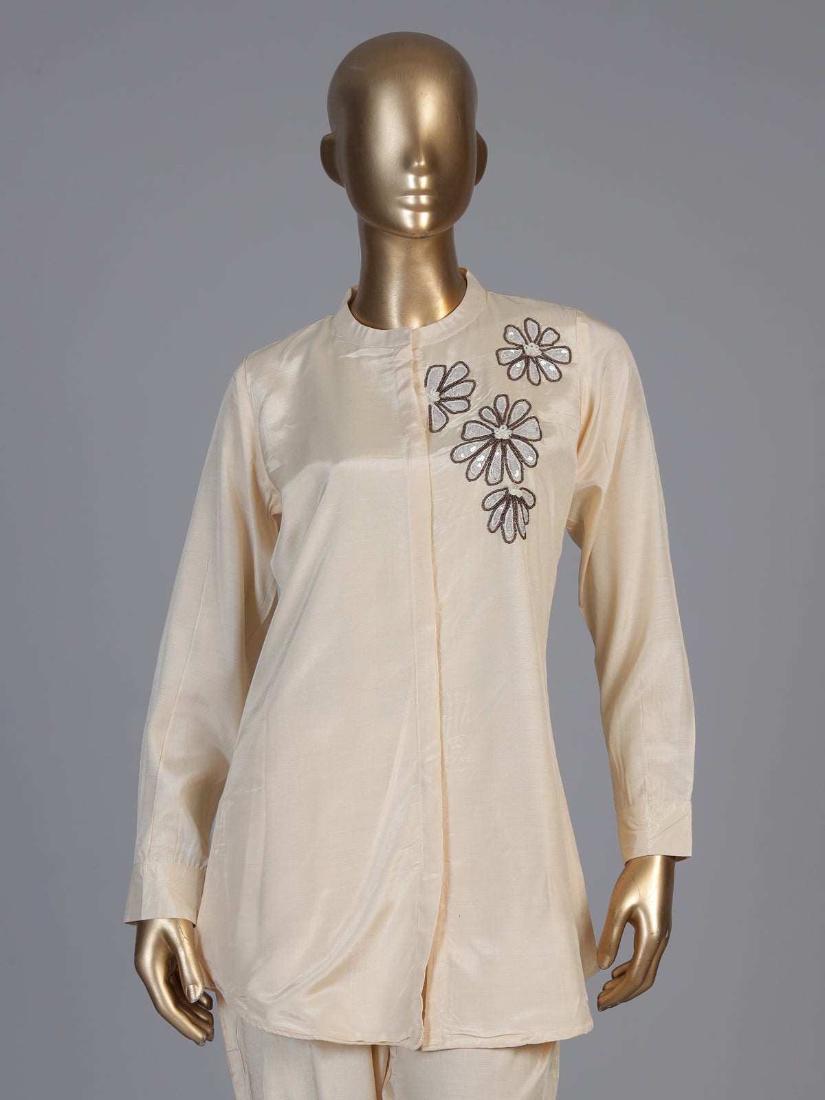 Cream crepe silk embellished pant co ord set with pearl detailing