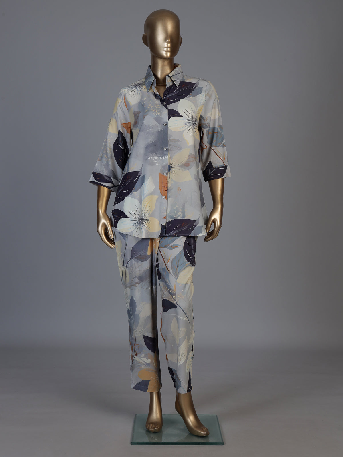 Grey floral printed crepe silk pant co ord set for women