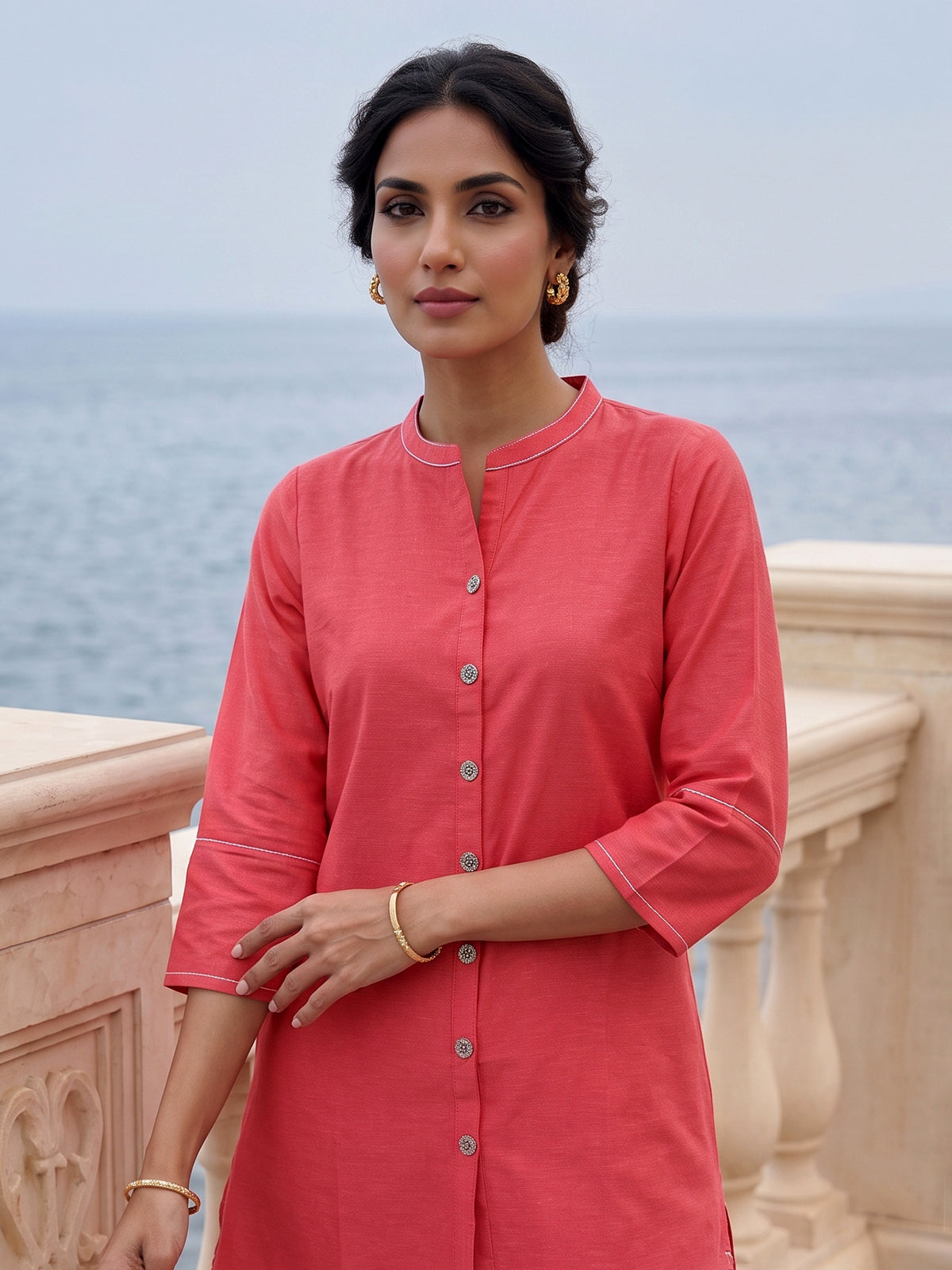 Pink linen solid stand collar pant co ord set for women