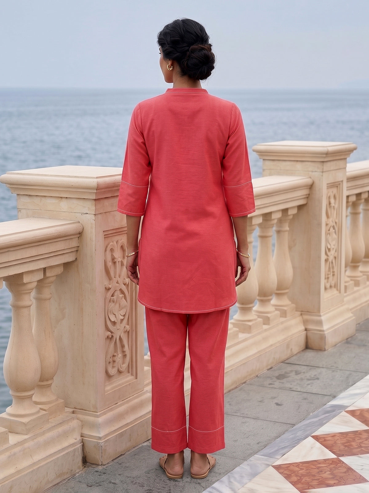 Pink linen solid stand collar pant co ord set for women