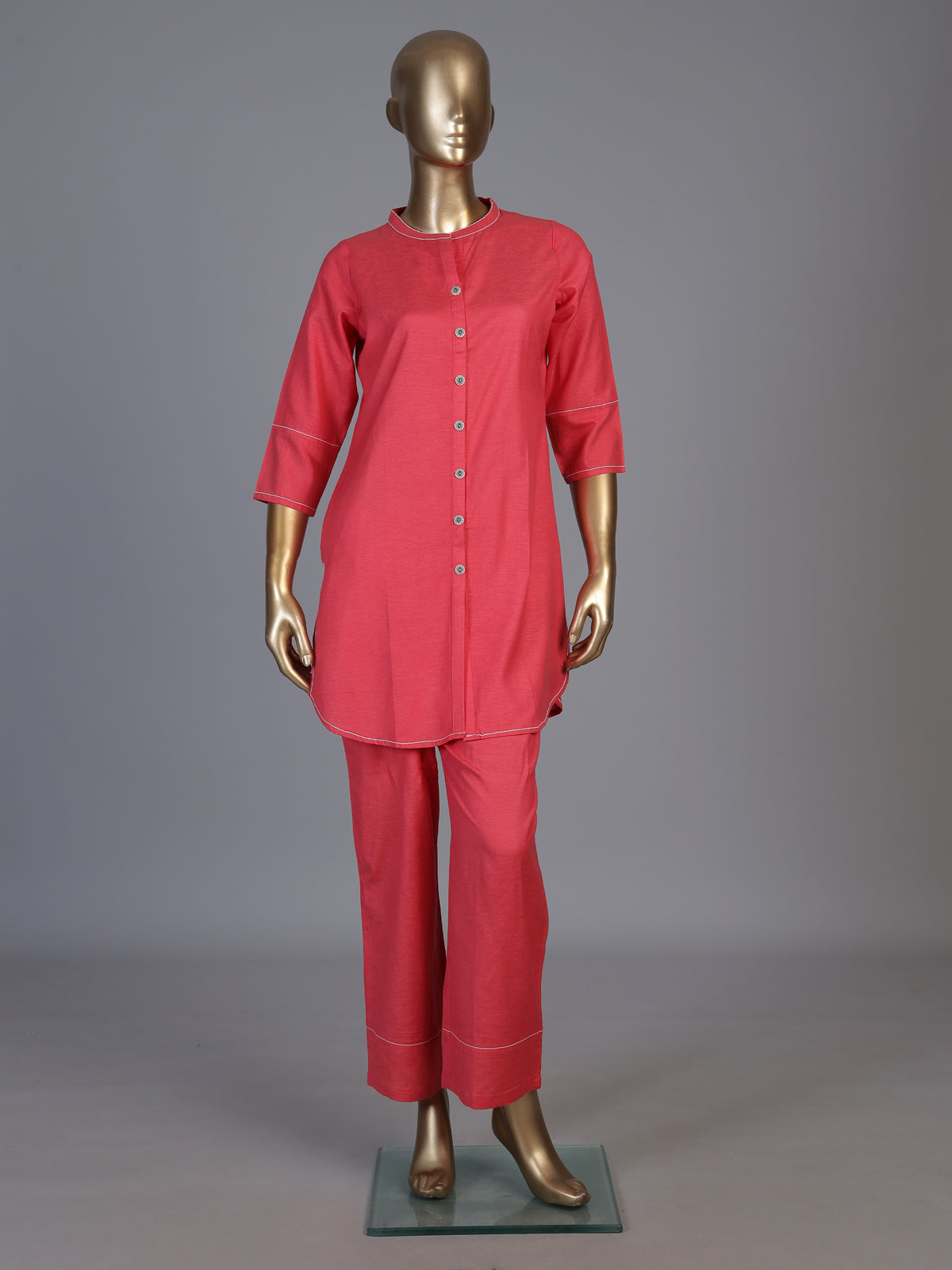 Pink linen solid stand collar pant co ord set for women