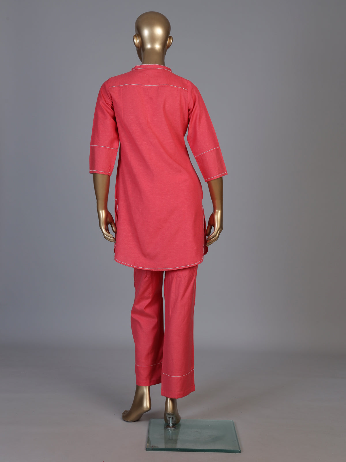 Pink linen solid stand collar pant co ord set for women