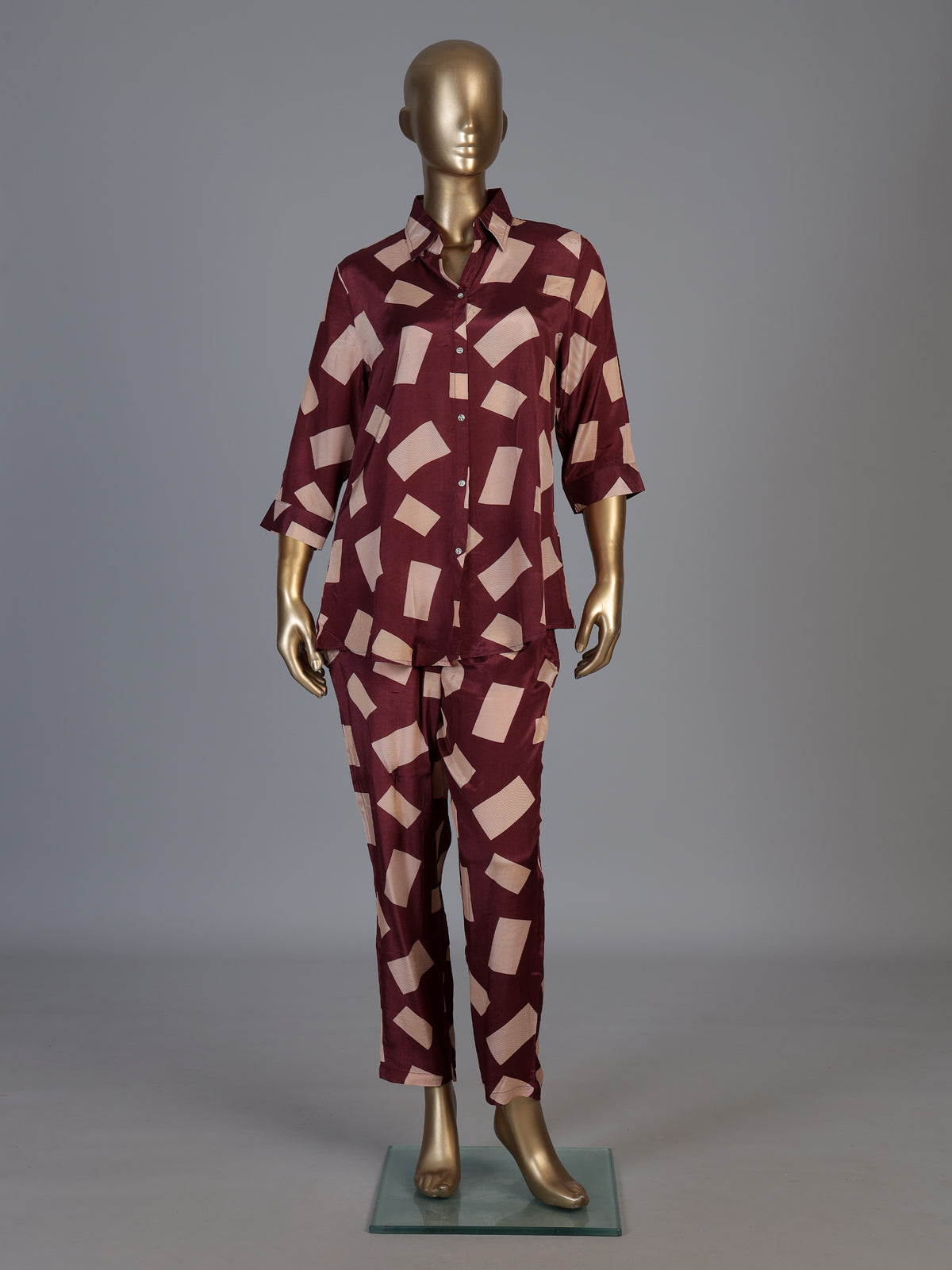 Wine printed crepe silk casual pant co ord set for women