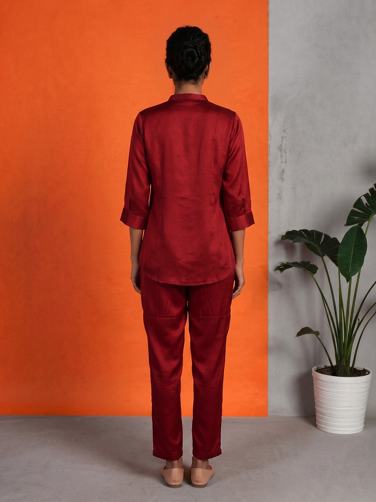 Red crepe silk stand collar co ord set with thread work