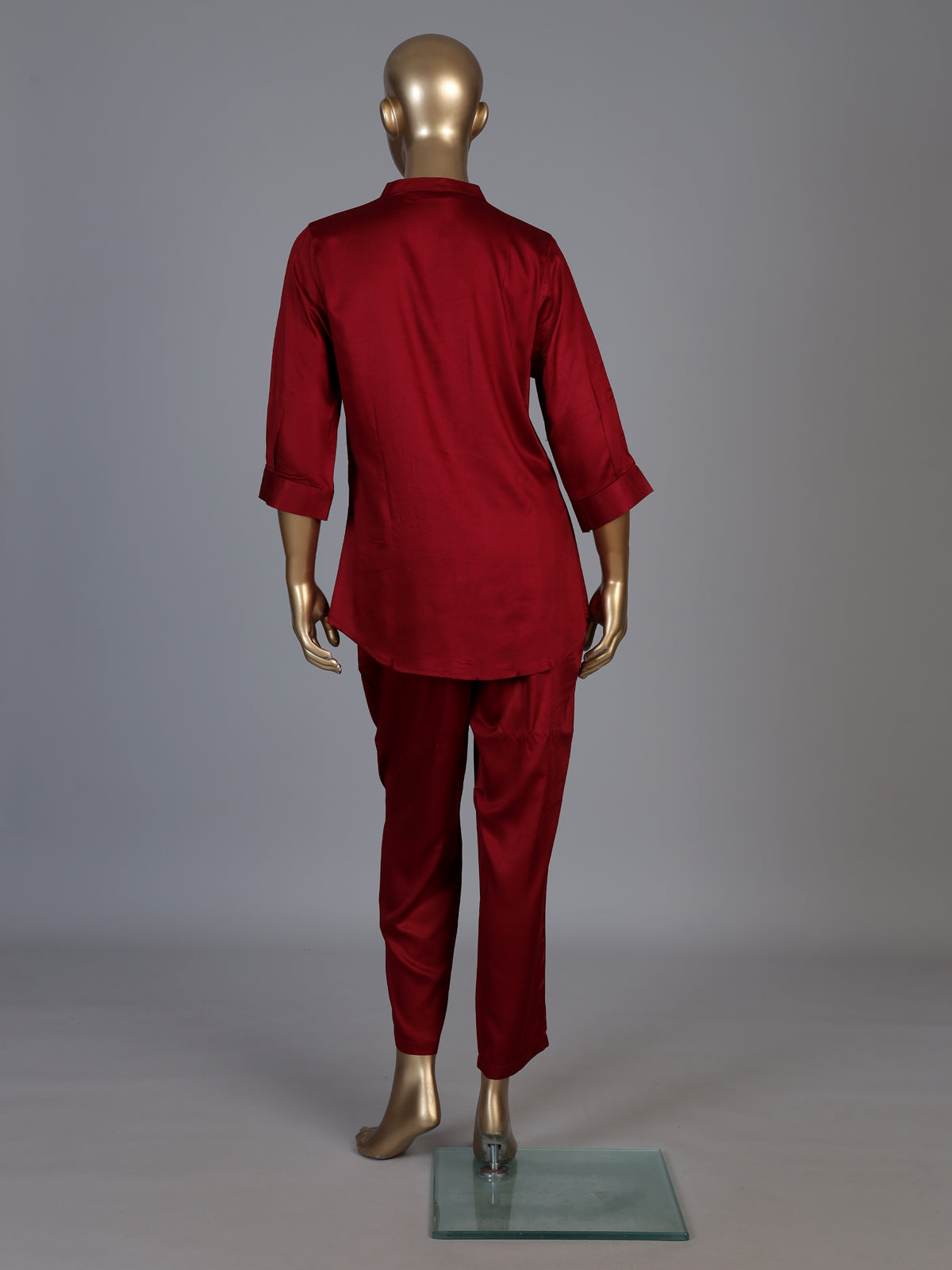 Red crepe silk stand collar co ord set with thread work