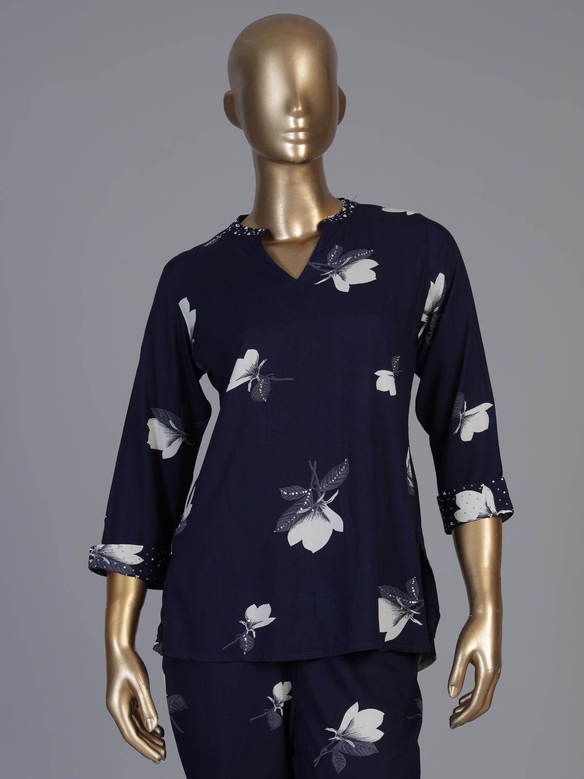 Navy blue floral printed rayon cotton co ord set with stone work