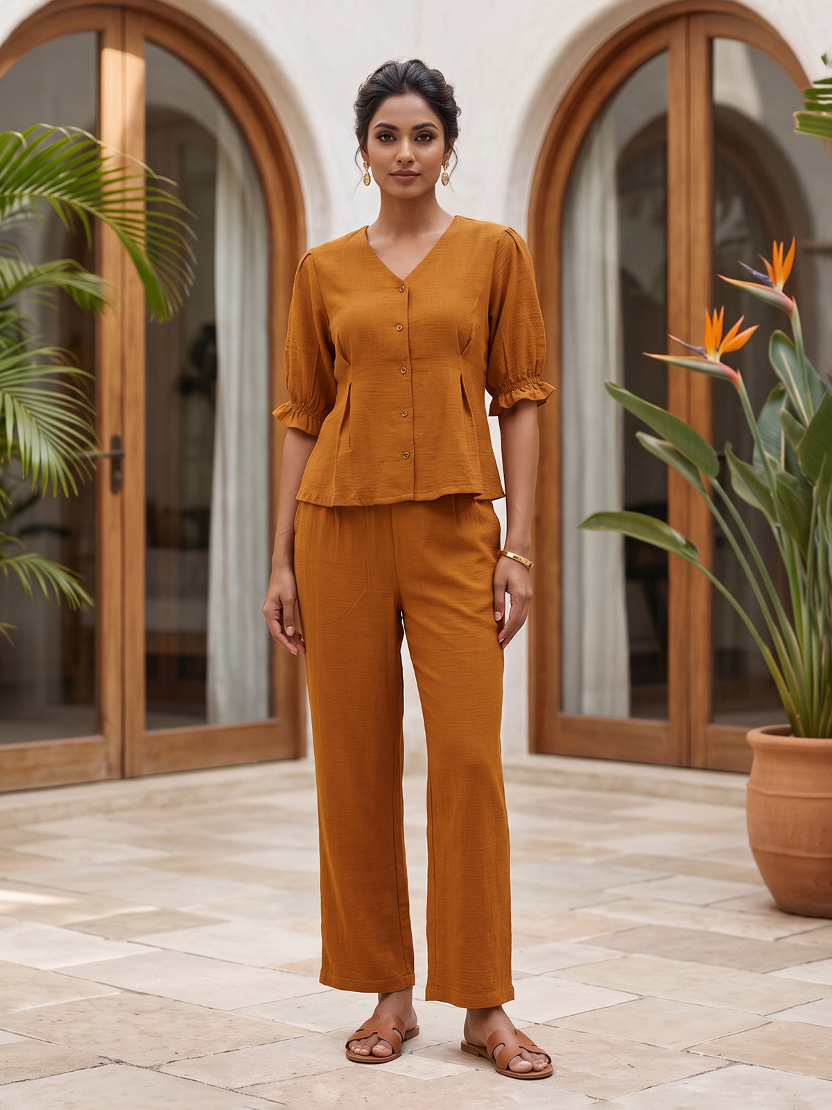 Rust yellow polyester V neck pant co ord set with elbow sleeves