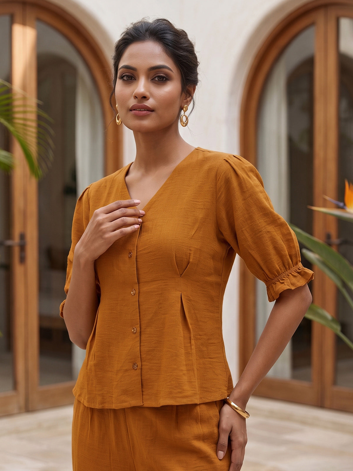 Rust yellow polyester V neck pant co ord set with elbow sleeves
