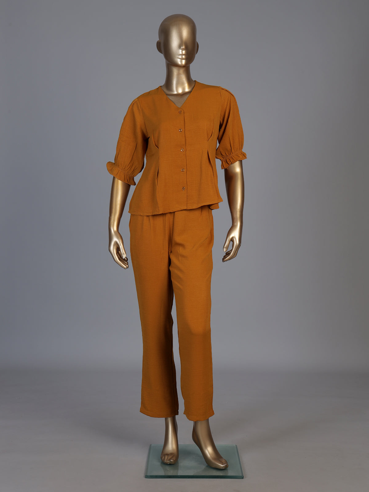 Rust yellow polyester V neck pant co ord set with elbow sleeves