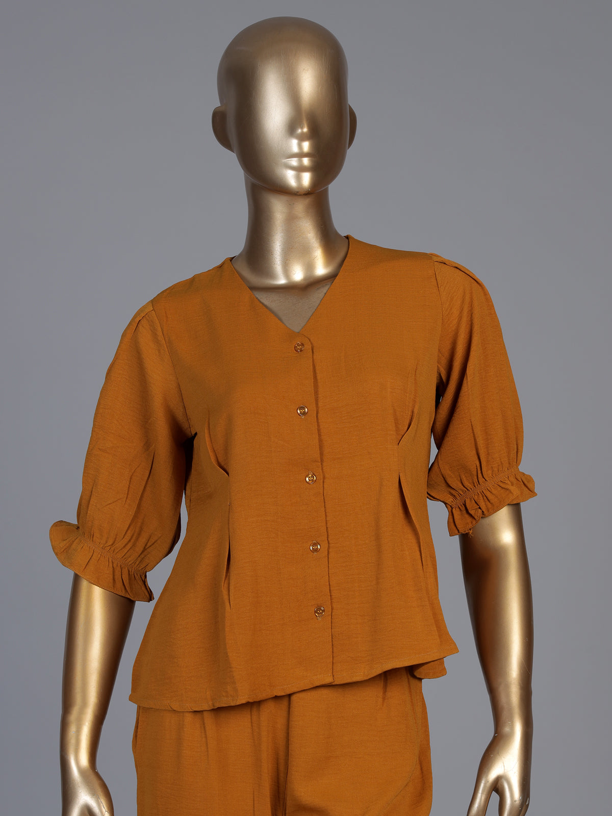 Rust yellow polyester V neck pant co ord set with elbow sleeves