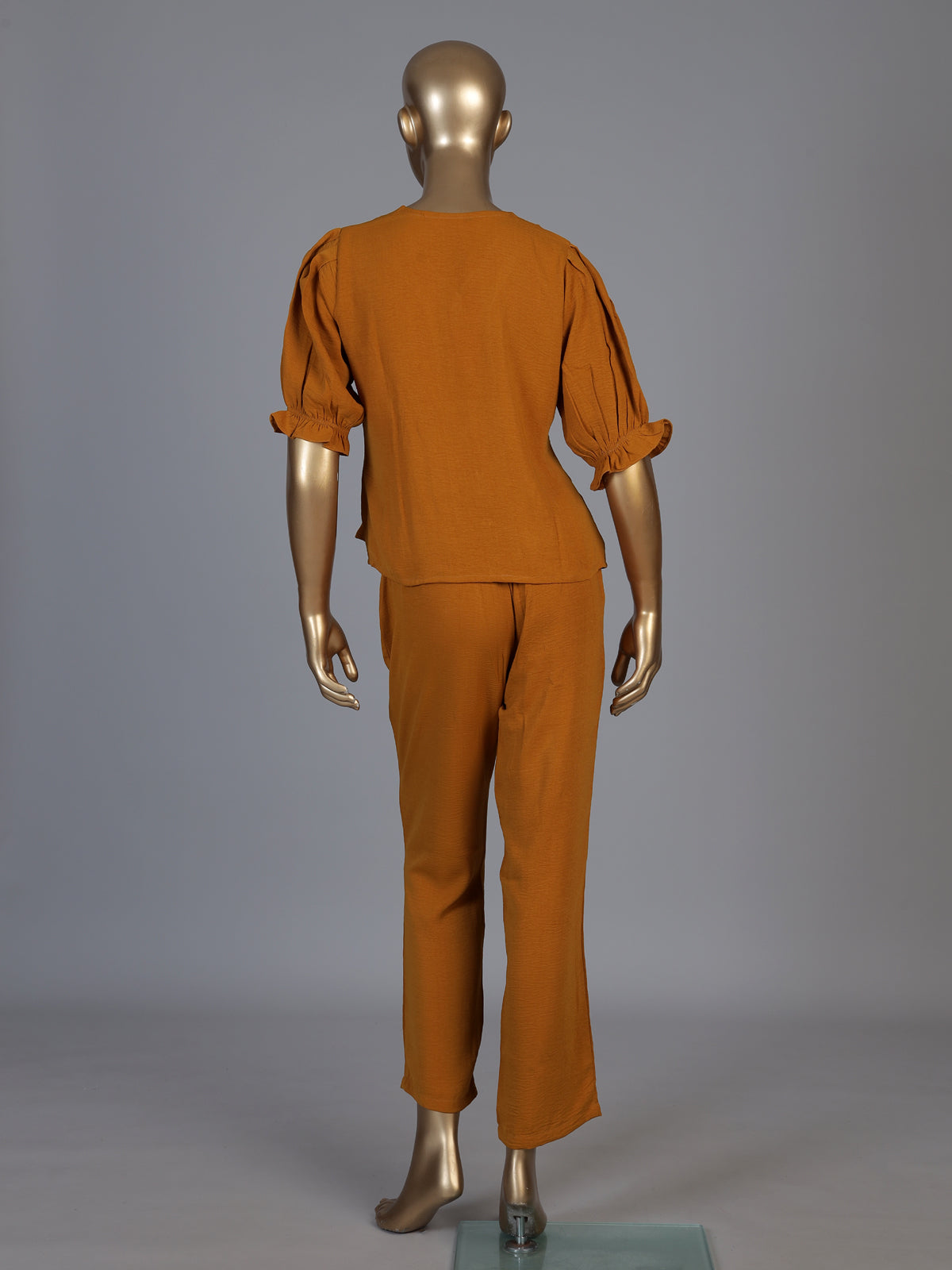 Rust yellow polyester V neck pant co ord set with elbow sleeves