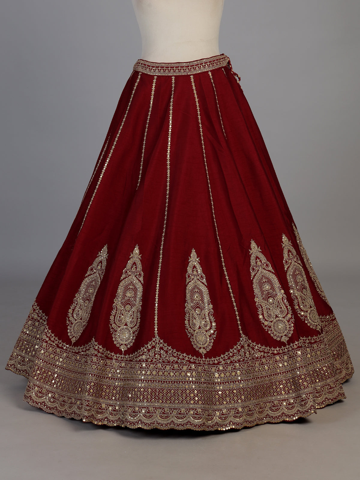 Maroon raw silk unstitched bridal lehenga choli with double dupattas