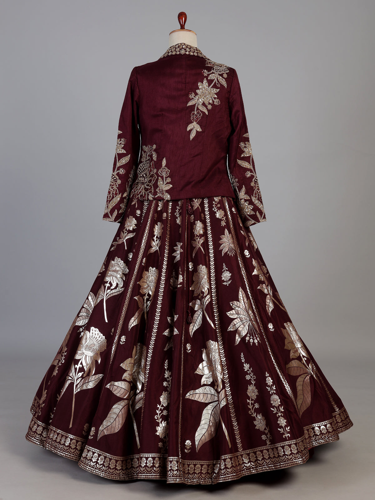 Maroon silk jacket style lehenga choli with zari mirror embellishments