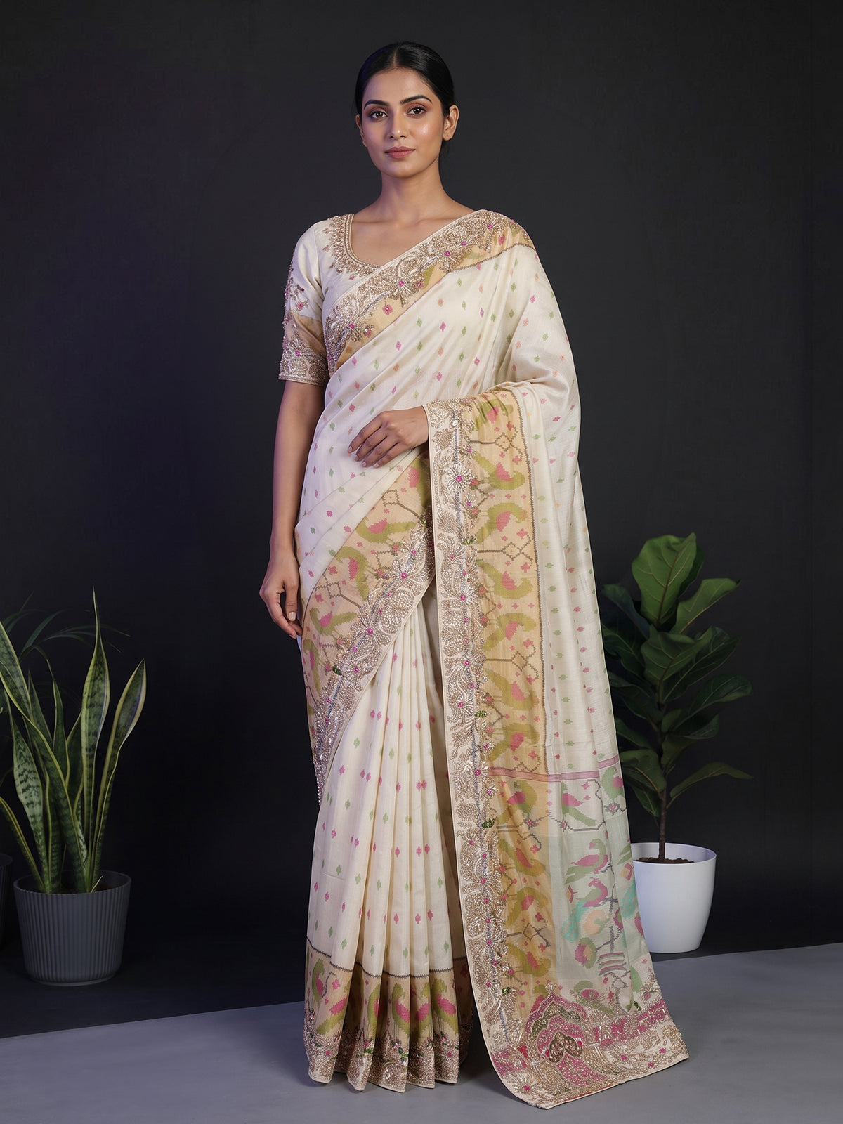 Cream patola silk saree with peacock motif contrast border and pallu