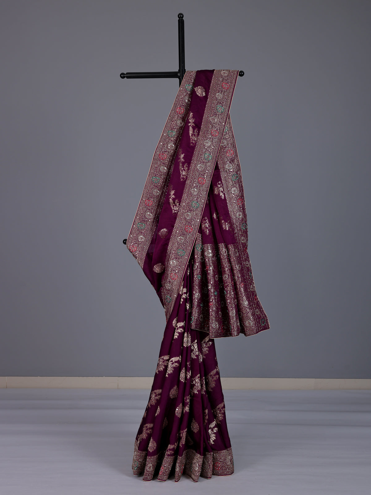 Purple dola silk saree with zardosi and zari work