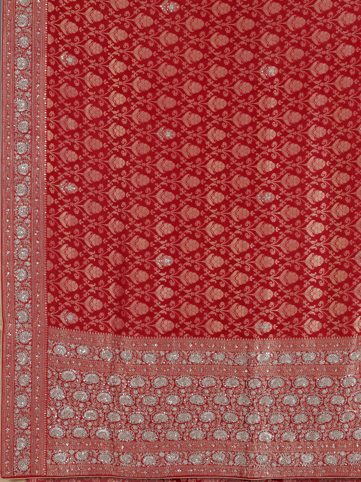 Red banarasi silk saree with floral zardosi and zari work