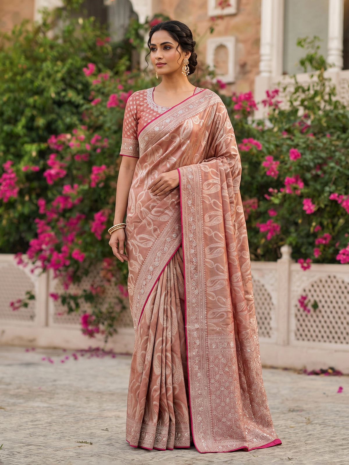 Pastel peach dola tissue silk saree with zardosi and zari