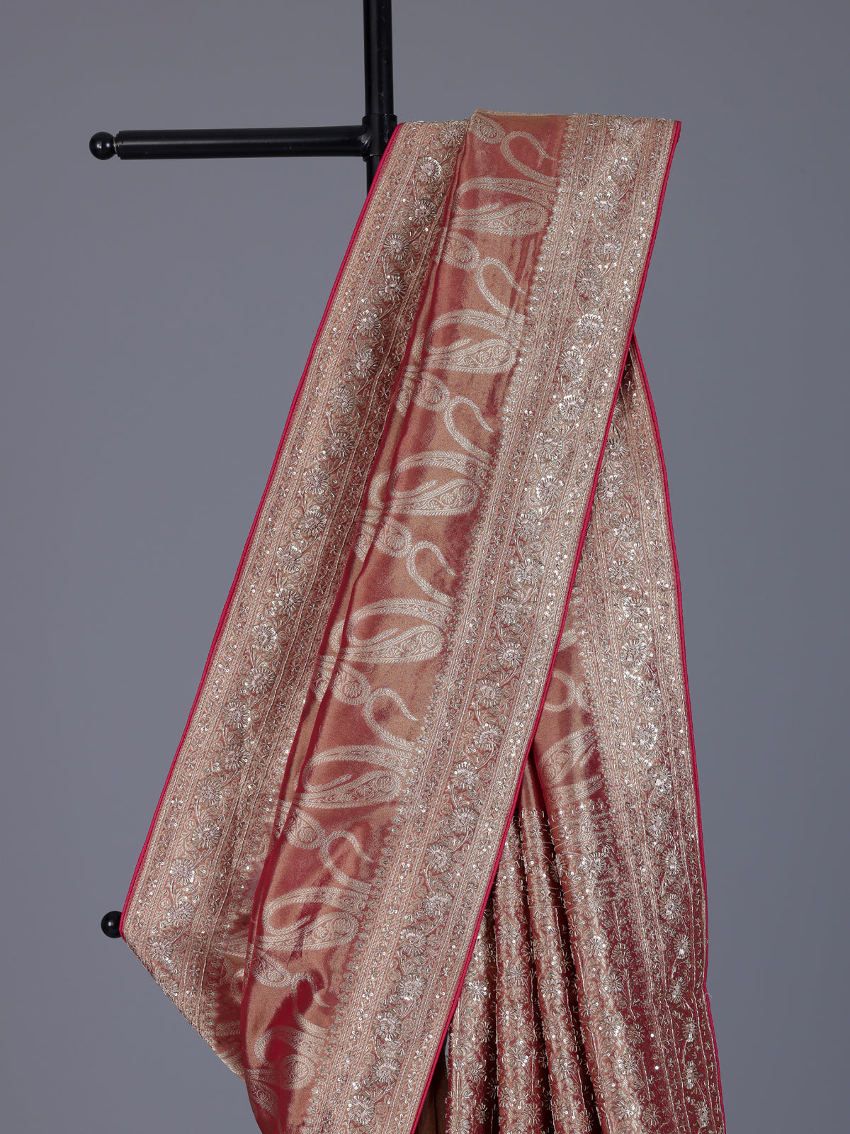Pastel peach dola tissue silk saree with zardosi and zari