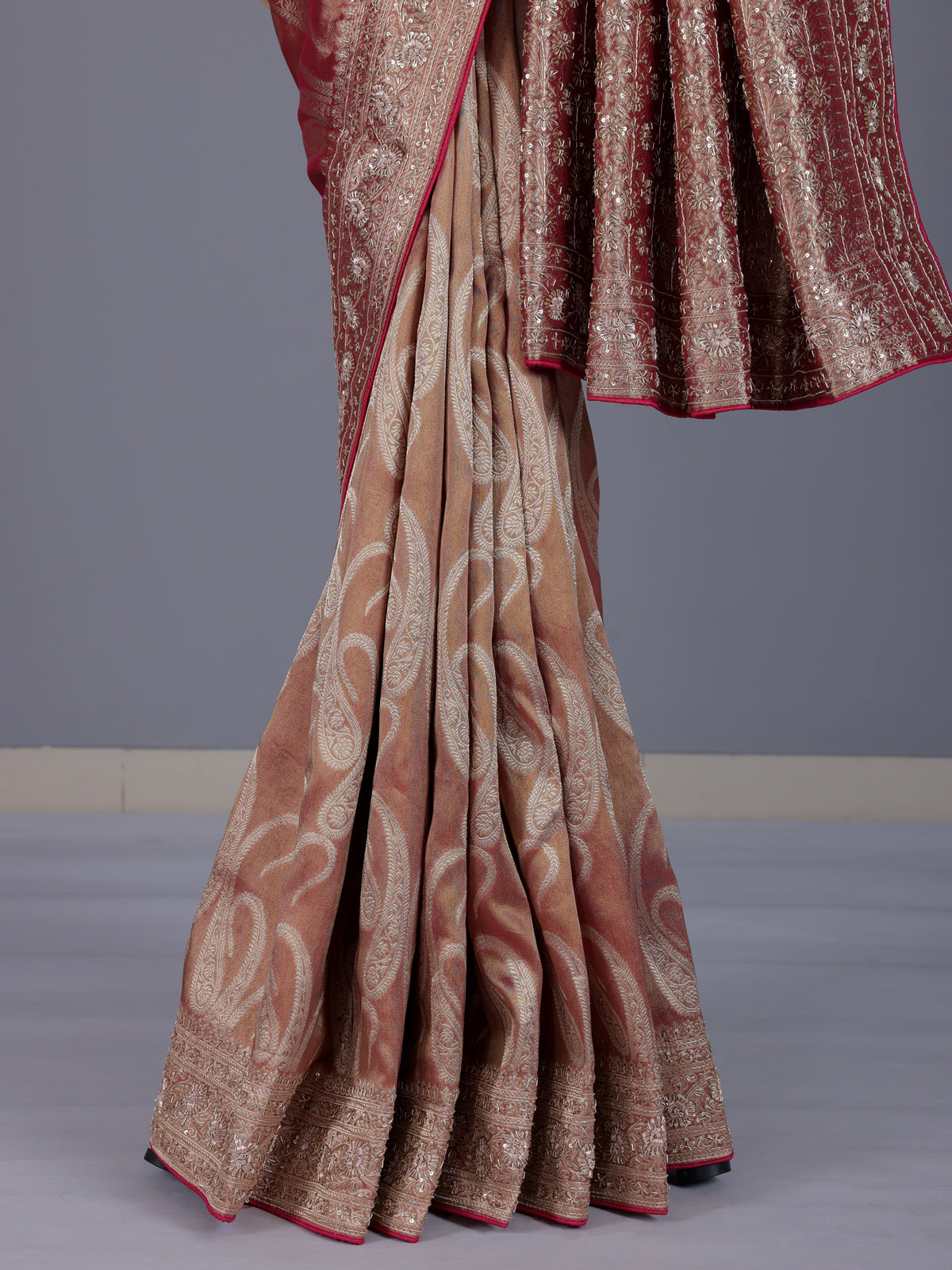 Pastel peach dola tissue silk saree with zardosi and zari