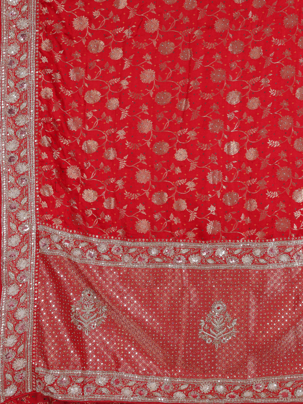 Red dola silk saree with floral zardosi and pearl zari work