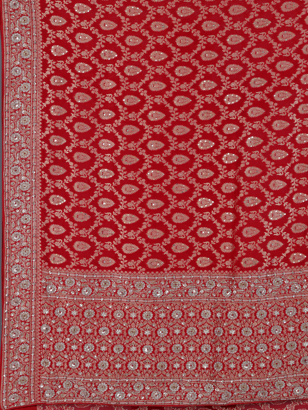 Red dola silk saree with floral diamond zardosi embellishments