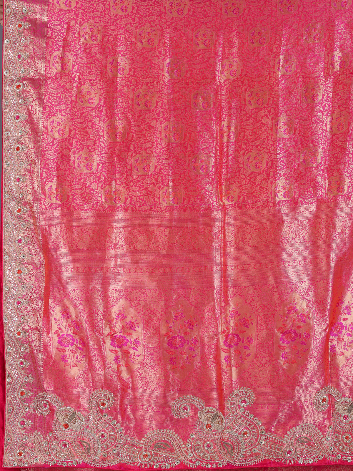 Rani pink kanjivaram silk saree with zardosi and zari work