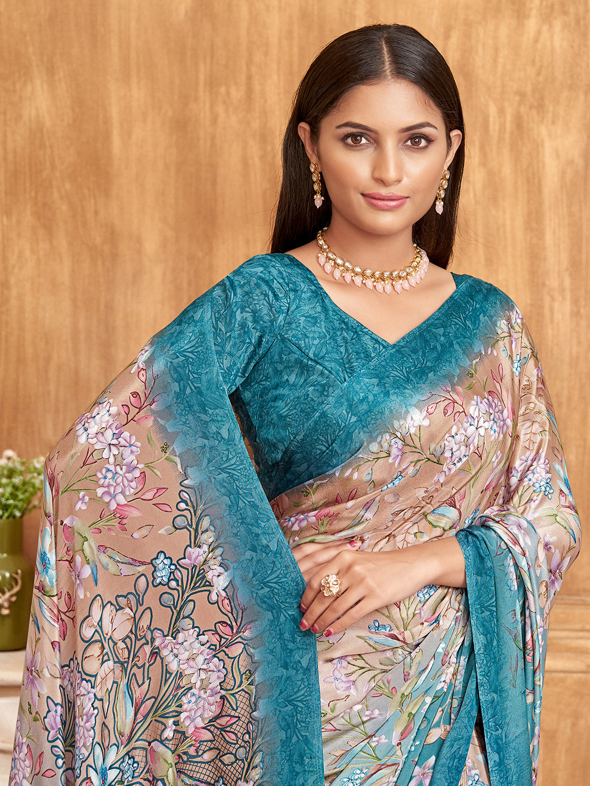Blue and beige floral printed shaded satin crepe silk saree