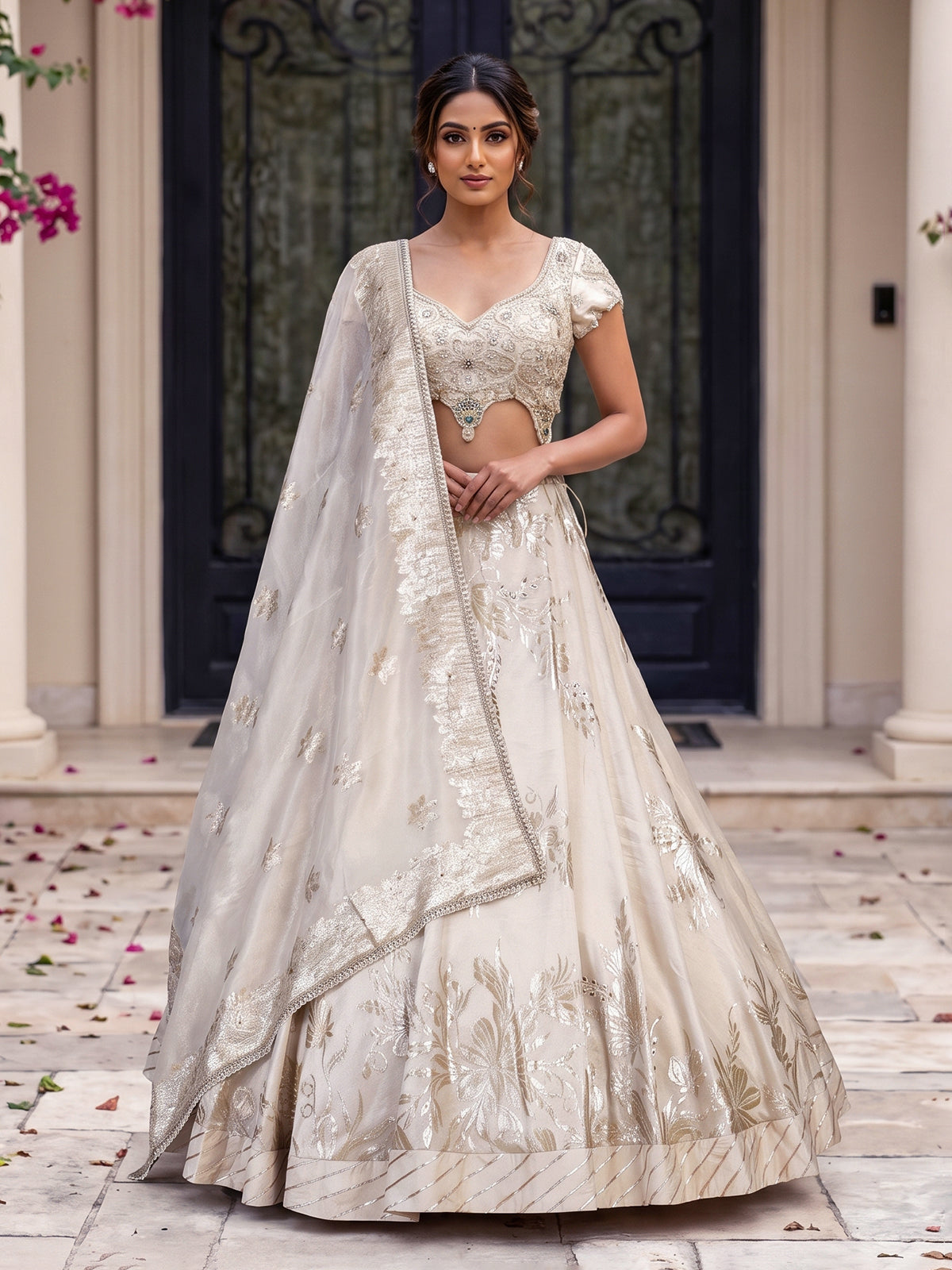 Cream tissue silk bridal lehenga choli
