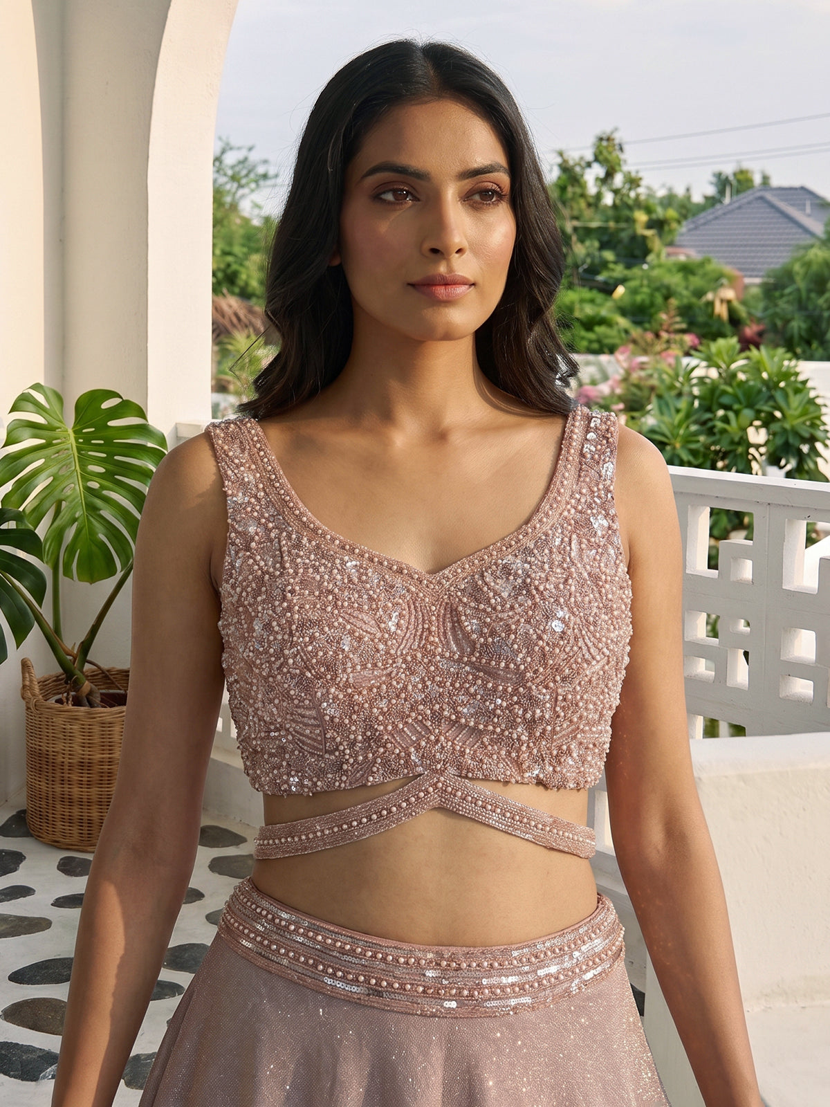 Peach lycra sequins embellished party wear lehenga choli