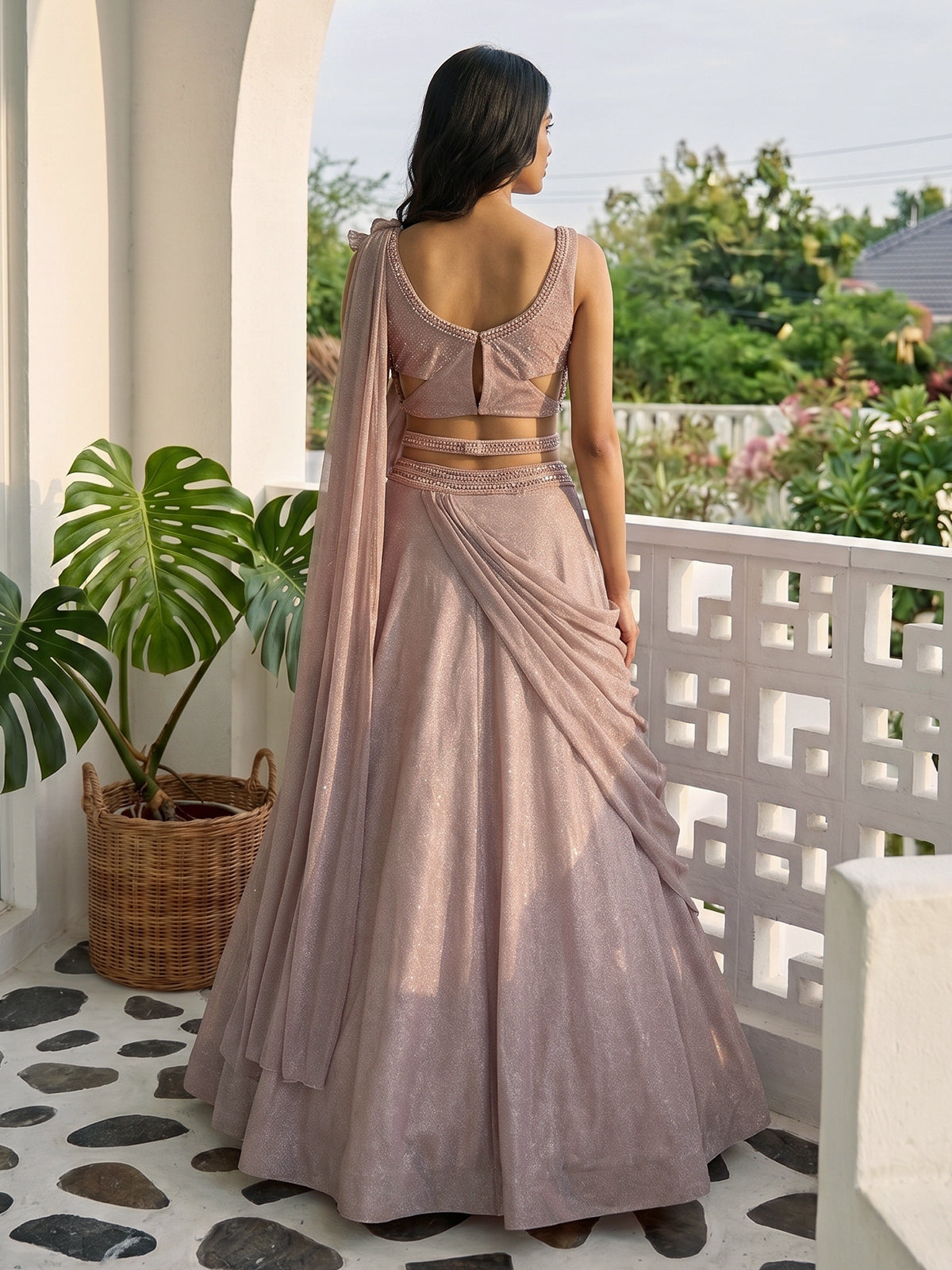 Peach lycra sequins embellished party wear lehenga choli