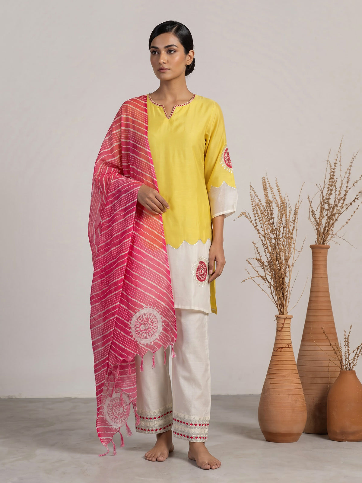 Yellow tissue salwar suit with thread and bead detailing