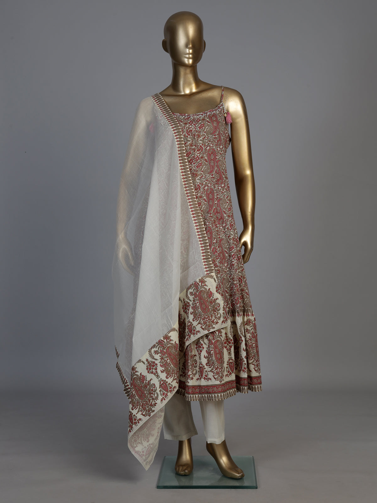 Maroon silk printed kurti set with contrast dupatta and pants