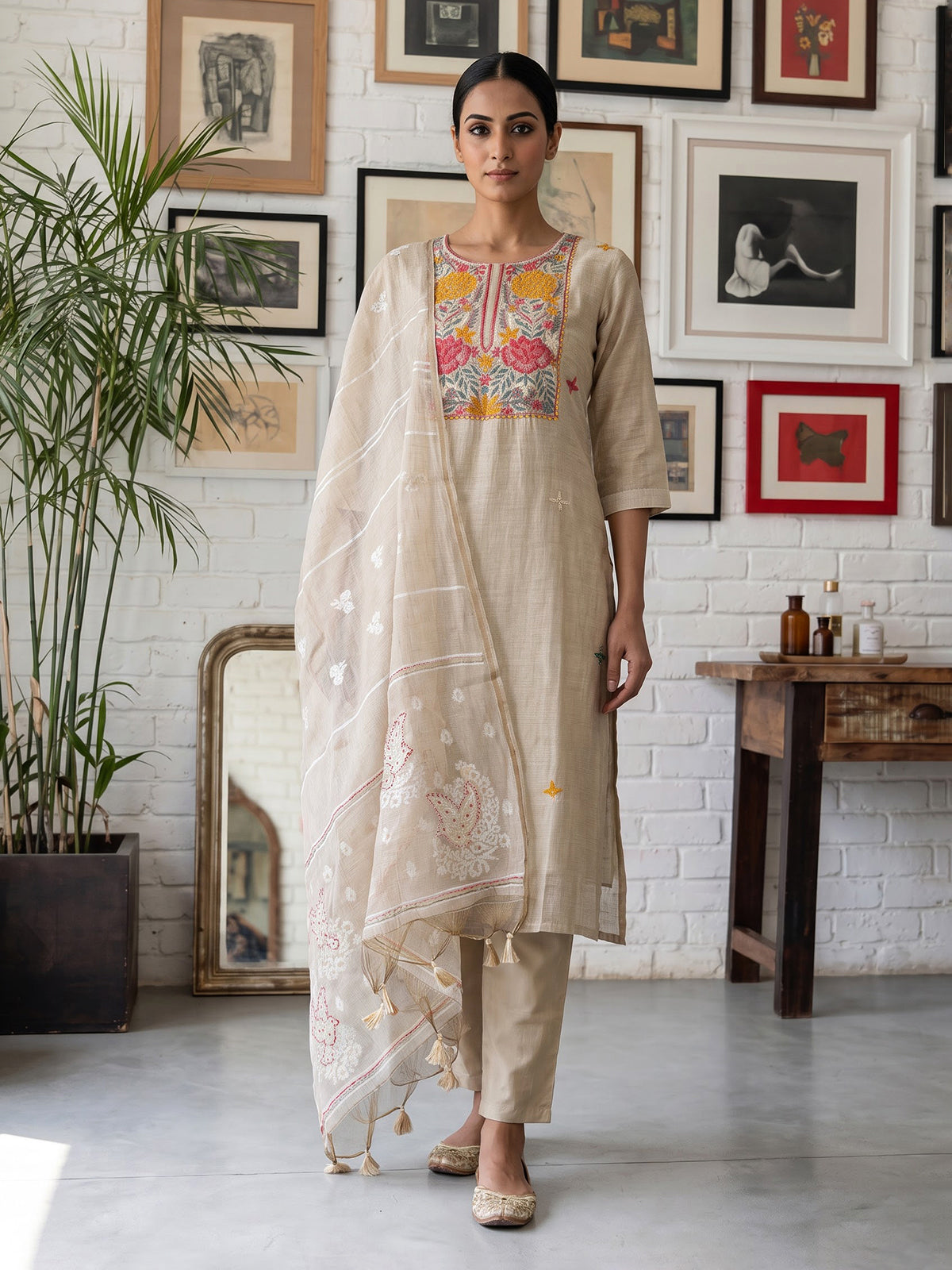 Beige linen straight cut kurti set