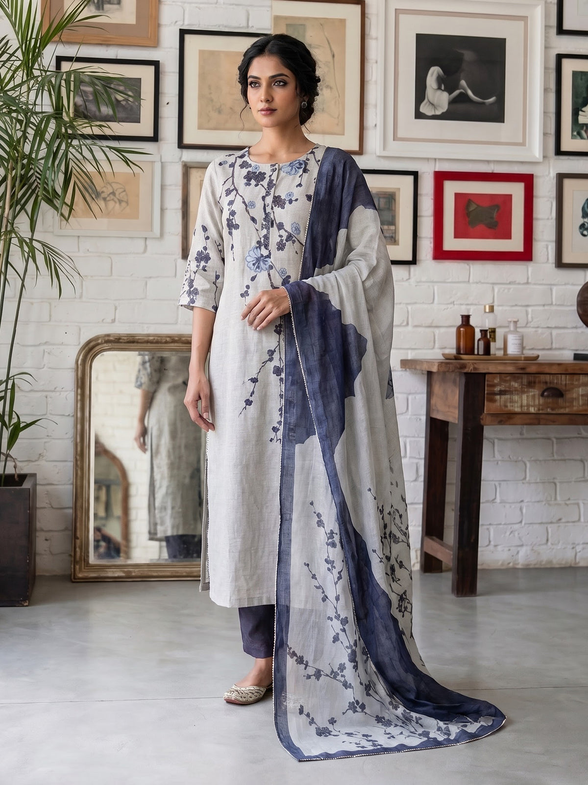 Off white blue linen floral kurti set with diamond embellishments