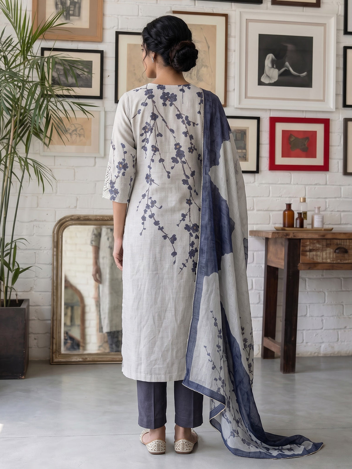 Off white blue linen floral kurti set with diamond embellishments