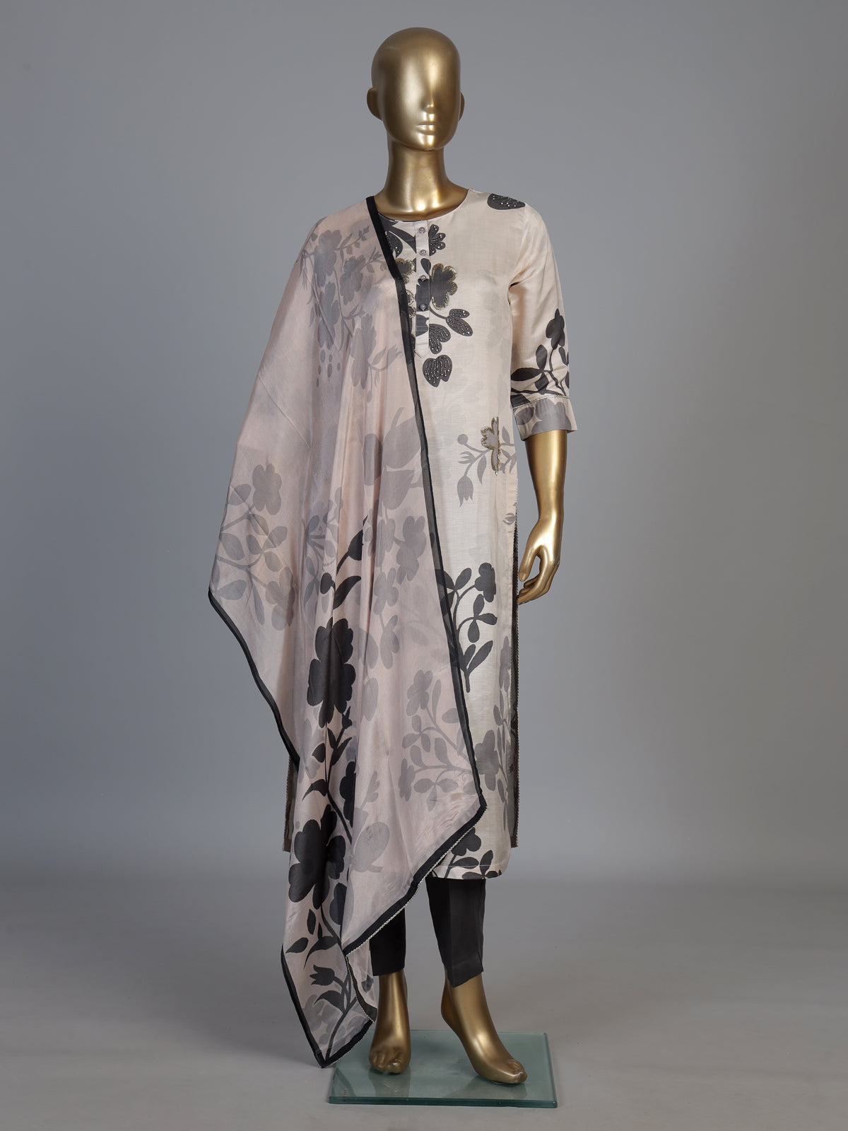 Cream grey silk printed kurti set with zardosi and diamond embellishments