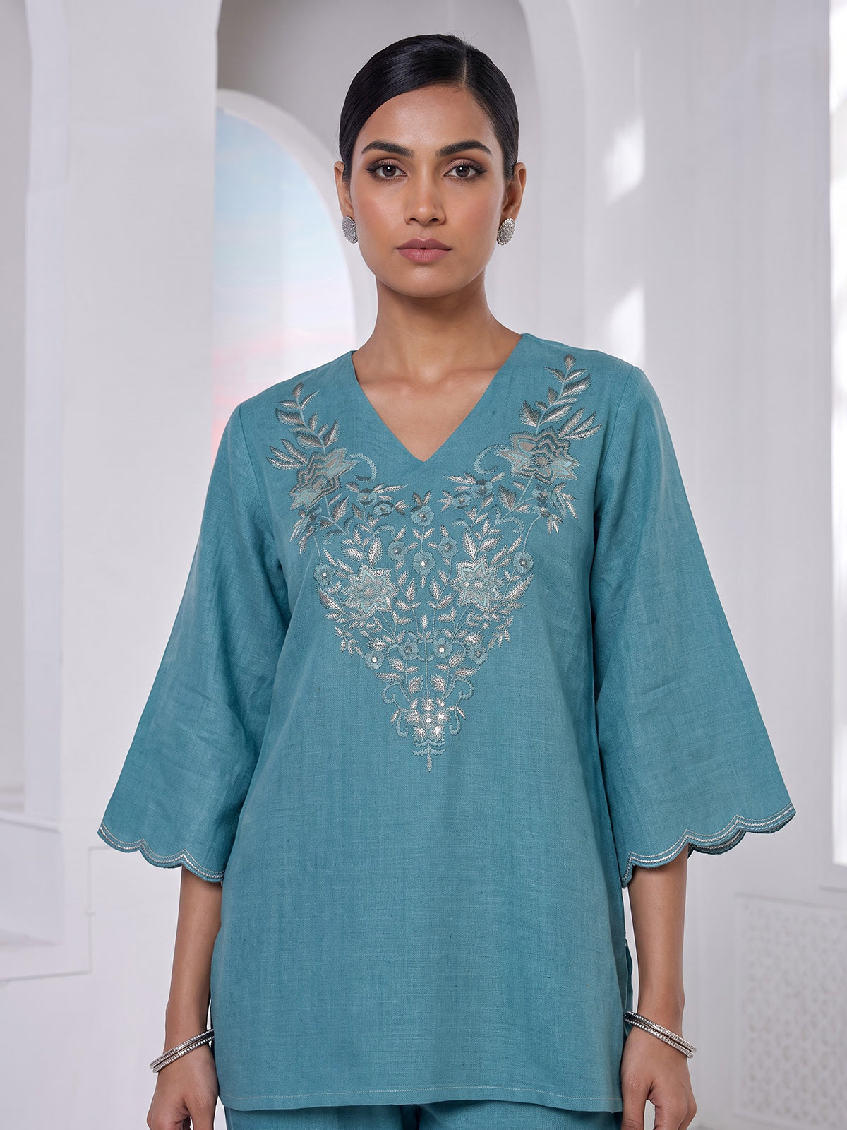 Aqua blue linen co ord set with embroidered cutwork yoke detailing