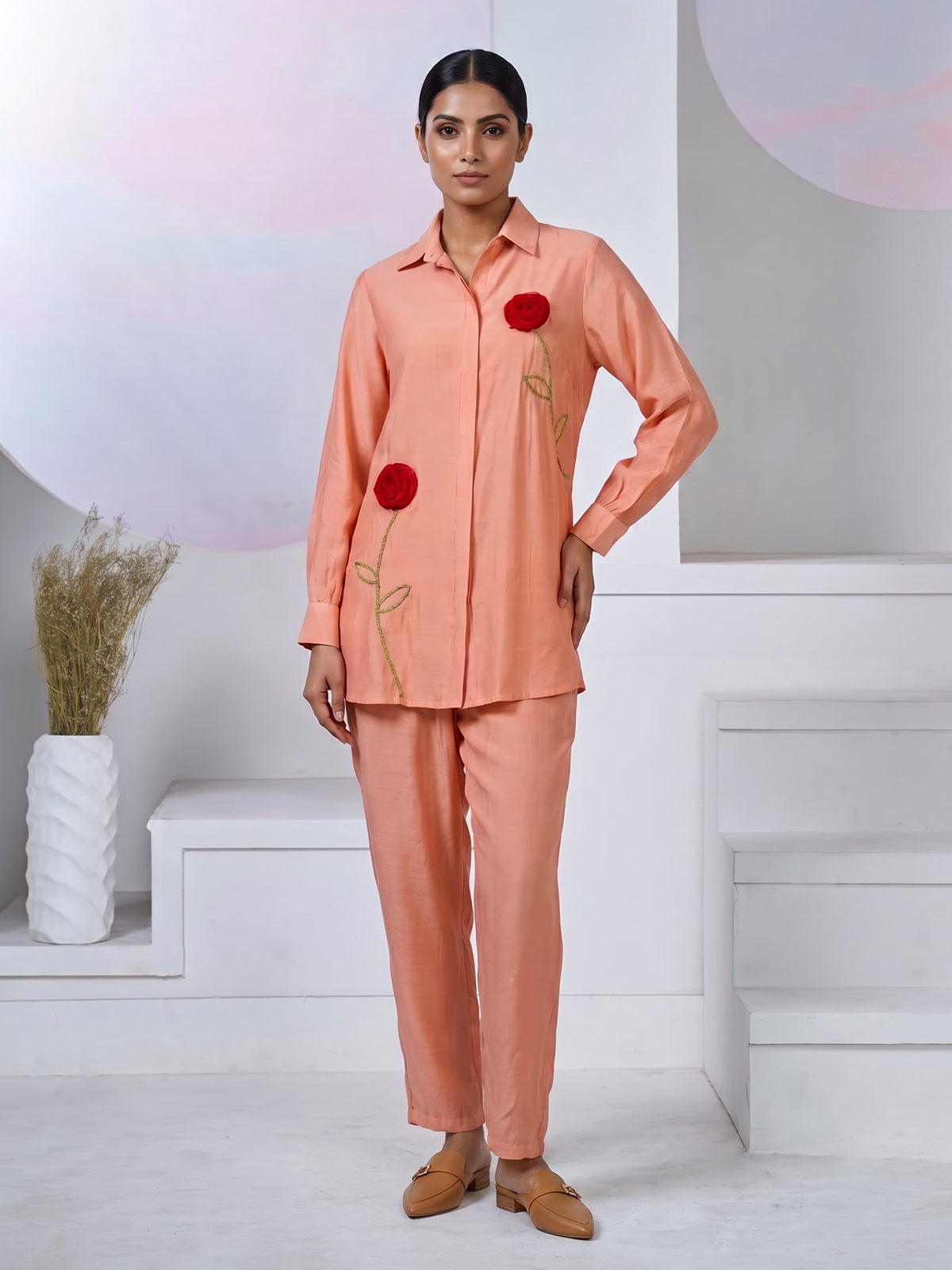 Peach tissue silk co ord set with thread detailing and pants