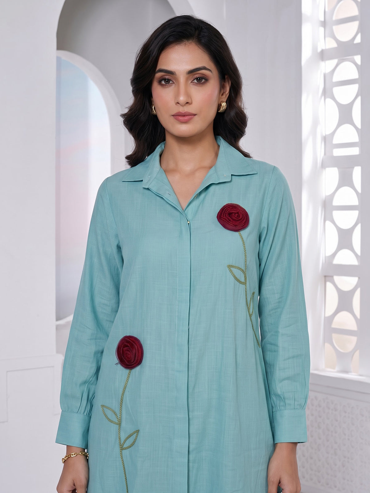 Sky blue tissue silk co ord set with full sleeves and pants