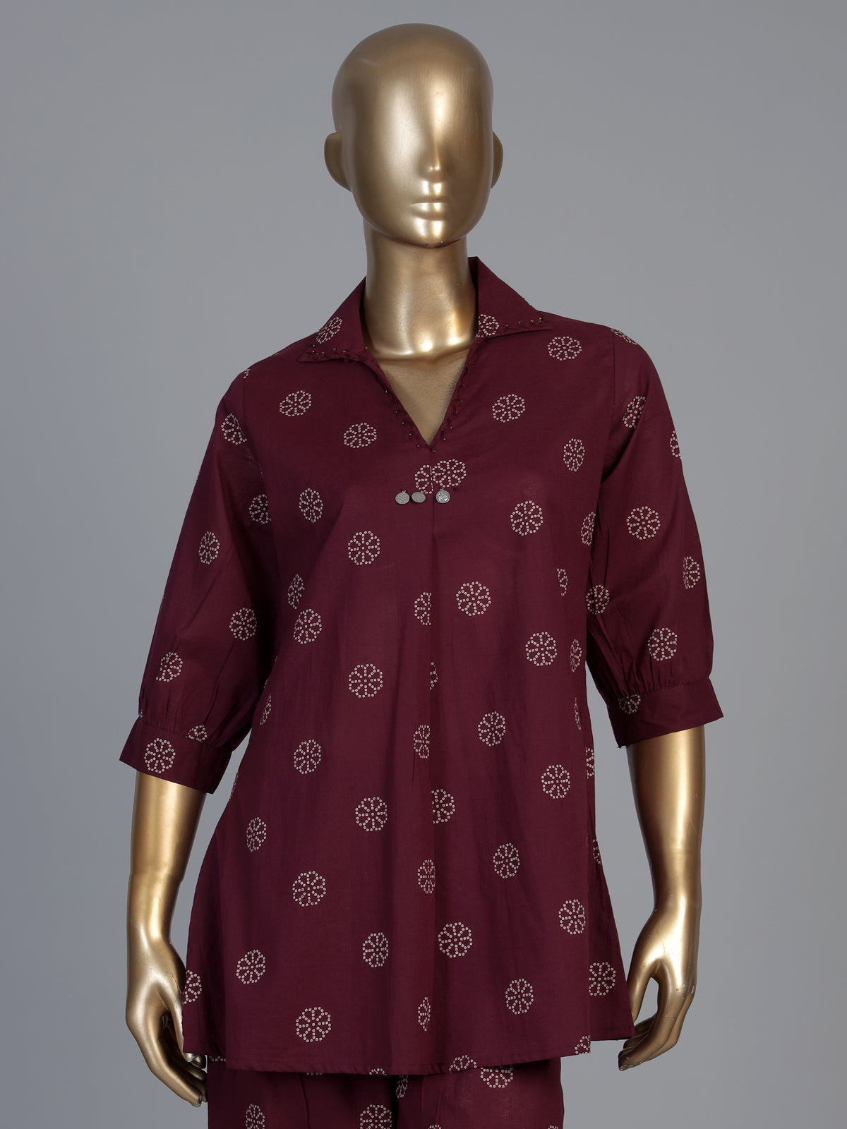 Wine silk printed co ord set with collar neck quarter sleeves