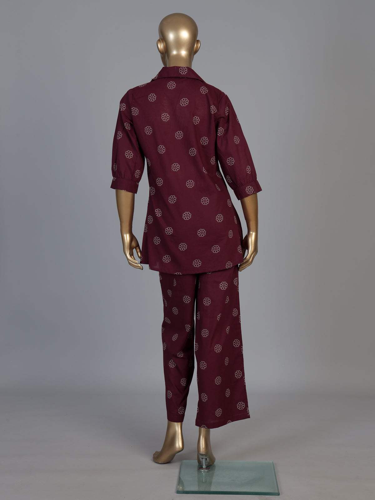 Wine silk printed co ord set with collar neck quarter sleeves