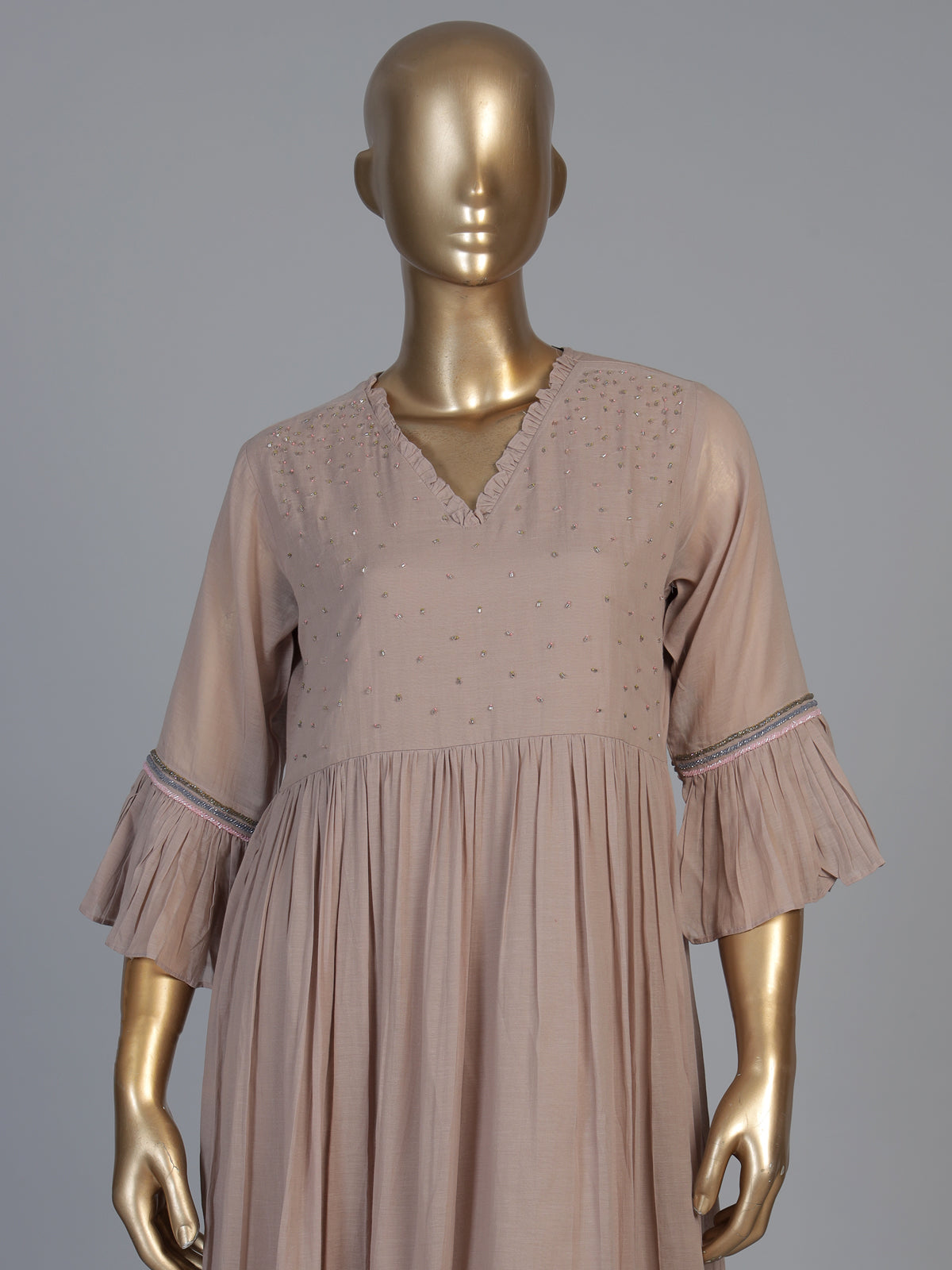 Dark beige silk kurti with embroidered detailing