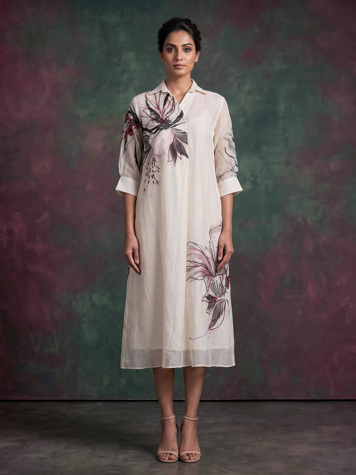 White linen blend floral kurti with cutdana detailing