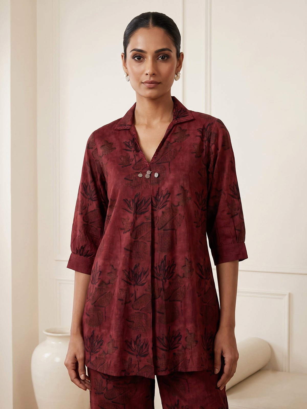 Maroon cotton silk printed designer palazzo co ord set
