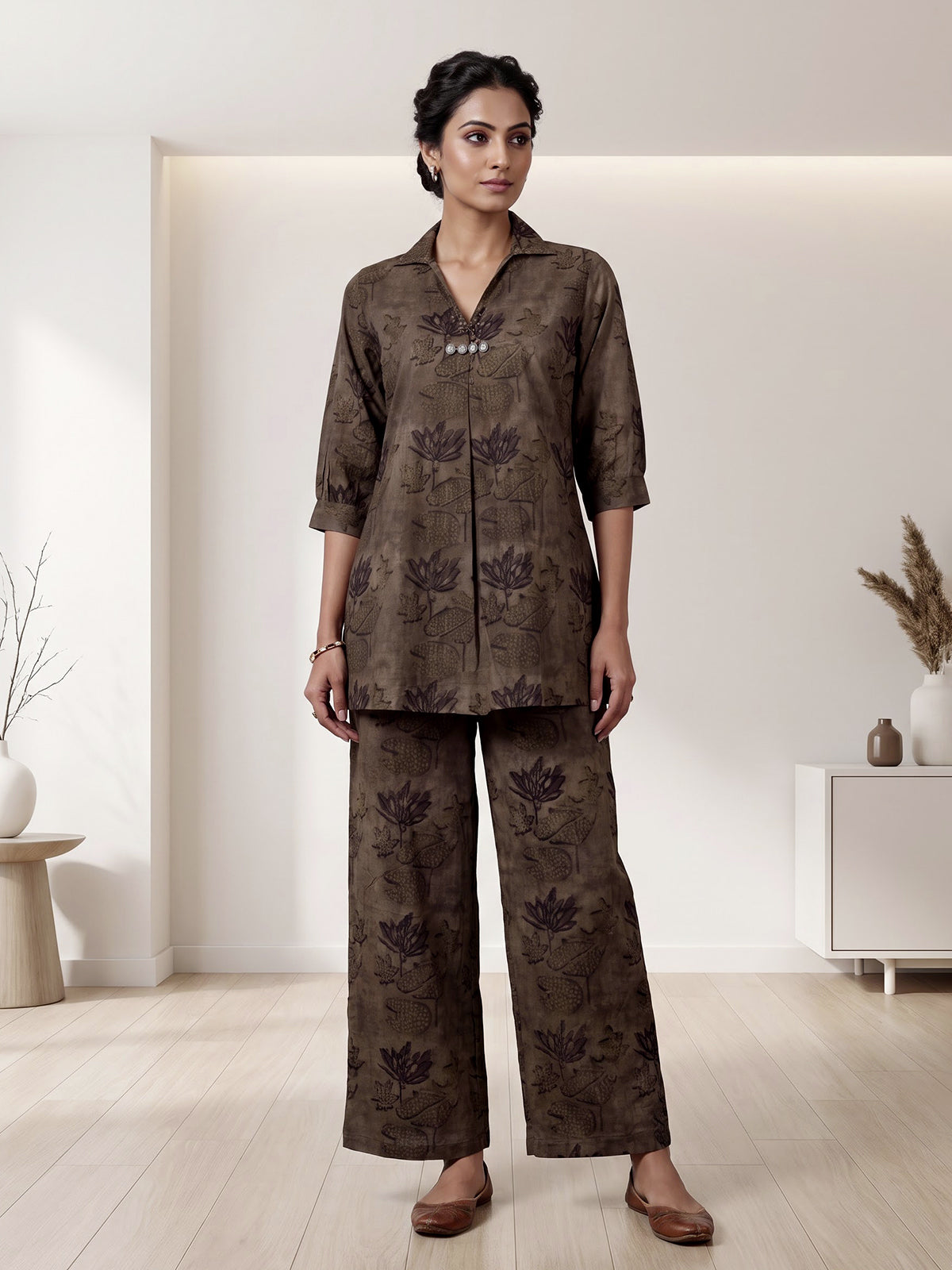 Olive cotton silk printed casual palazzo co ord set