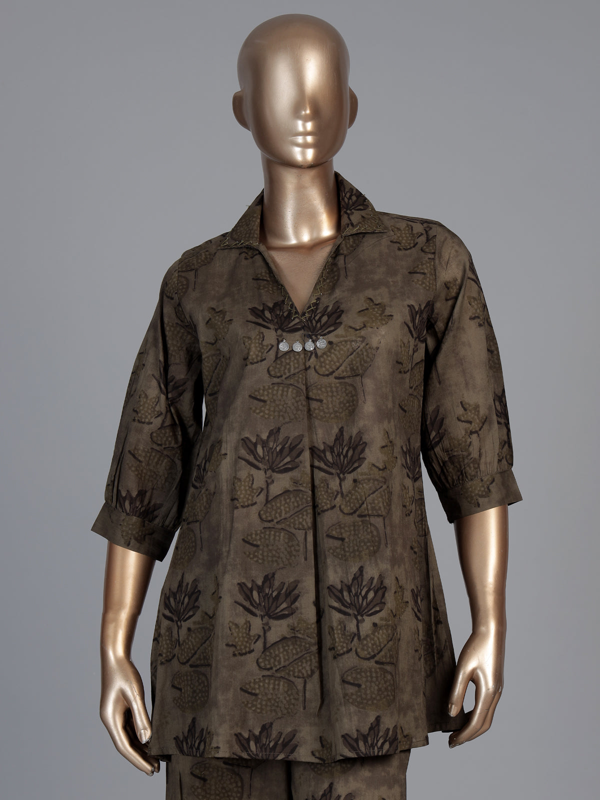 Olive cotton silk printed casual palazzo co ord set