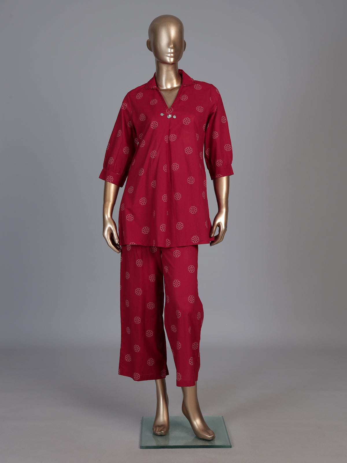 Maroon cotton silk printed casual palazzo co ord set