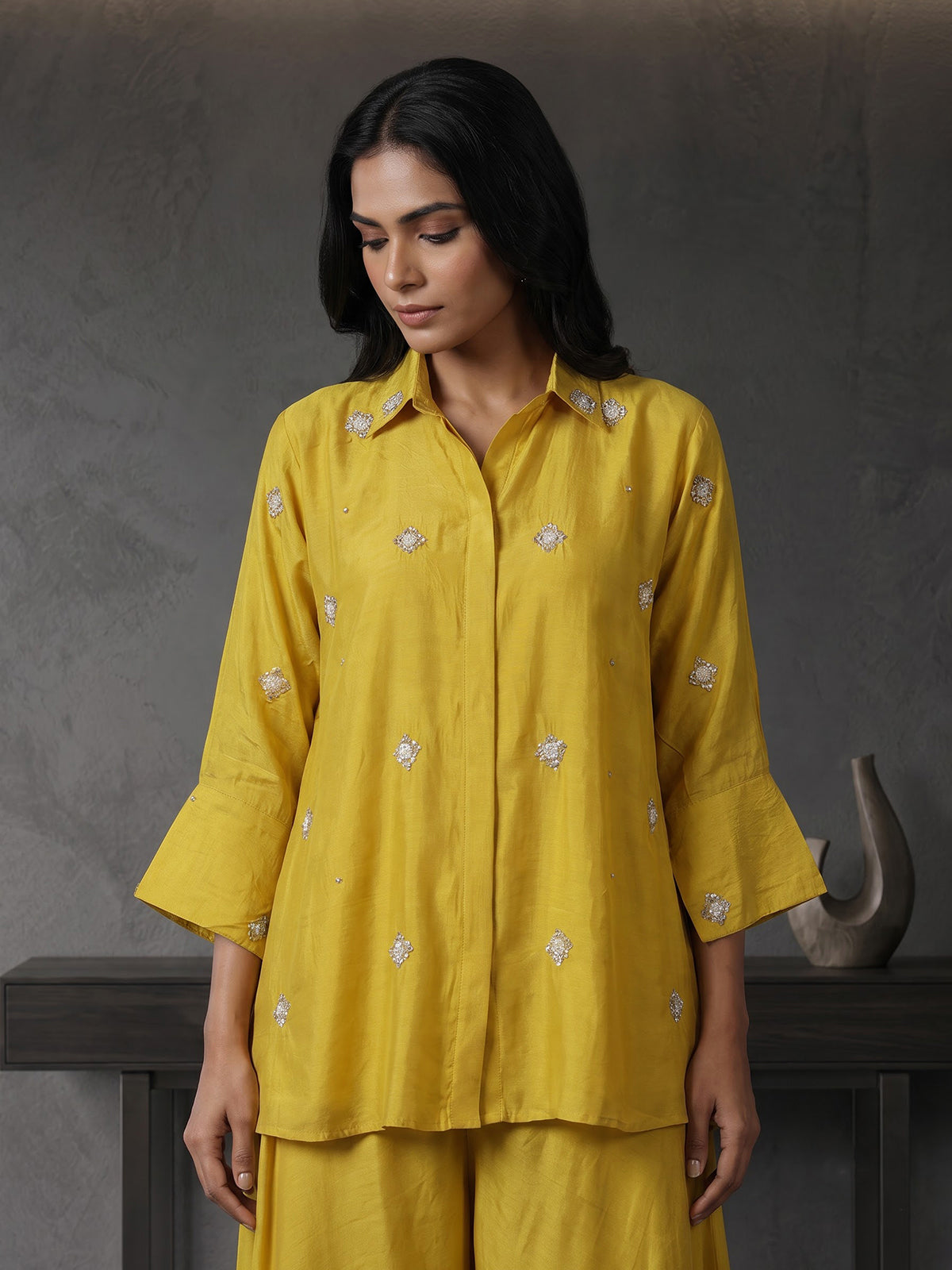 Mustard yellow crepe silk festive designer palazzo co ord set