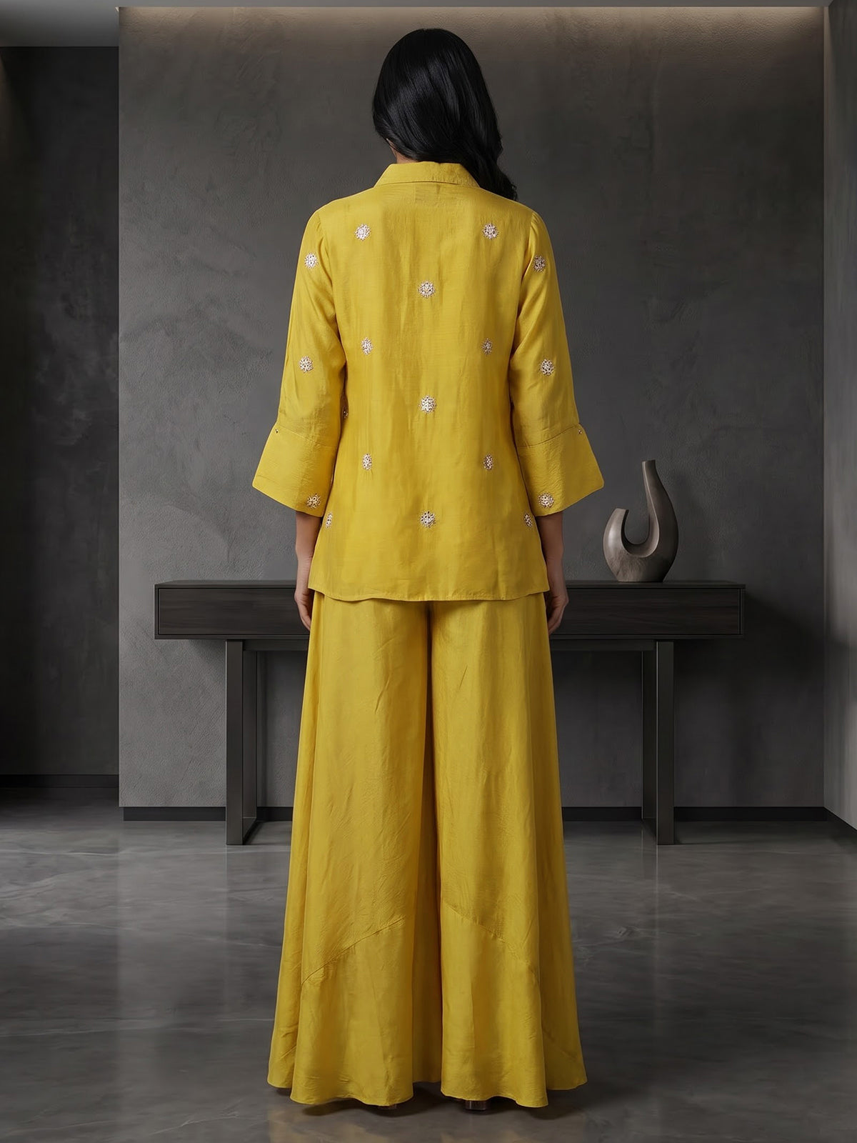 Mustard yellow crepe silk festive designer palazzo co ord set